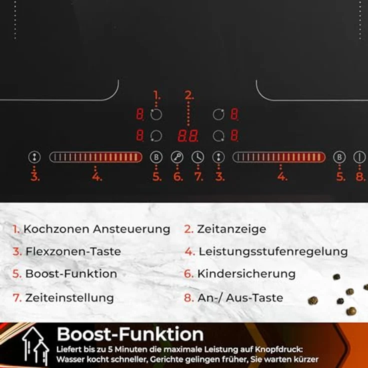 KLAMER Induktionskochfeld 60 cm, 4 Zonen mit 2 Flexzonen, 7400 Watt, Boost Funktion, 9 Leistungsstufen, Timer bis 99 min, Kindersicherung, kratzfeste Glasoberfläche – Bild 5