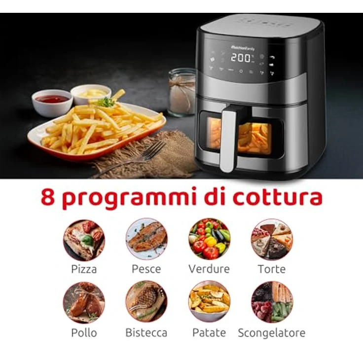 Melchioni Heißluftfritteuse ARIANNA, 2000 W, 6,5 L, Doppelheizung, 80–200 °C, 8 Programme, Farb-LED-Display, Sichtfenster – Bild 4