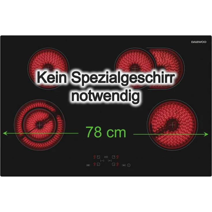 Daewoo Glaskeramik Kochfeld BH7VTF10BNLDE, 4 Kochzonen mit Timer, Touch-Bedienung und rahmenlosem Design, Schwarz