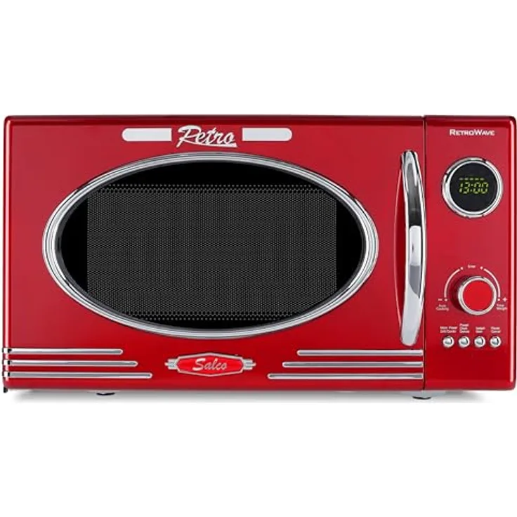 Salco Mikrowelle 2 in 1, Retro-Style, Grillfunktion, 23 l Garraum, metallic-rot, 900 W, 12 Funktionen, Auftauen, Grillen, Wärmen, inkl. Drehteller