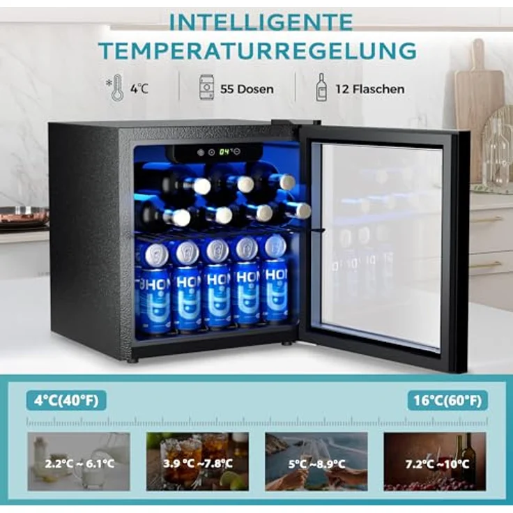 EUHOMY Getränkekühlschrank, Mini Kühlschrank mit Glastür, 36L Bierkühler für 55 Dosen, Schwarz, Geräuscharm mit LED-Beleuchtung, 43dB, für Büro und Bar – Bild 5