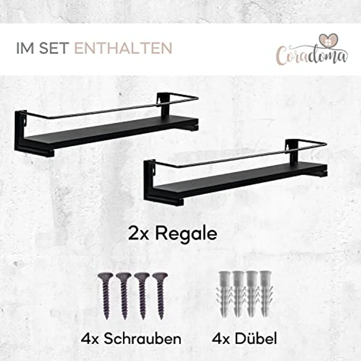 Coradoma Gewürzregal Schwarz 2er Set für Gewürzgläser | Küchen Organizer zur Gewürzaufbewahrung 40x9cm | Küchenregal Spice Rack Aufbewahrung | Hängeregal Kitchen Gewürzständer Küchenschrank – Bild 3