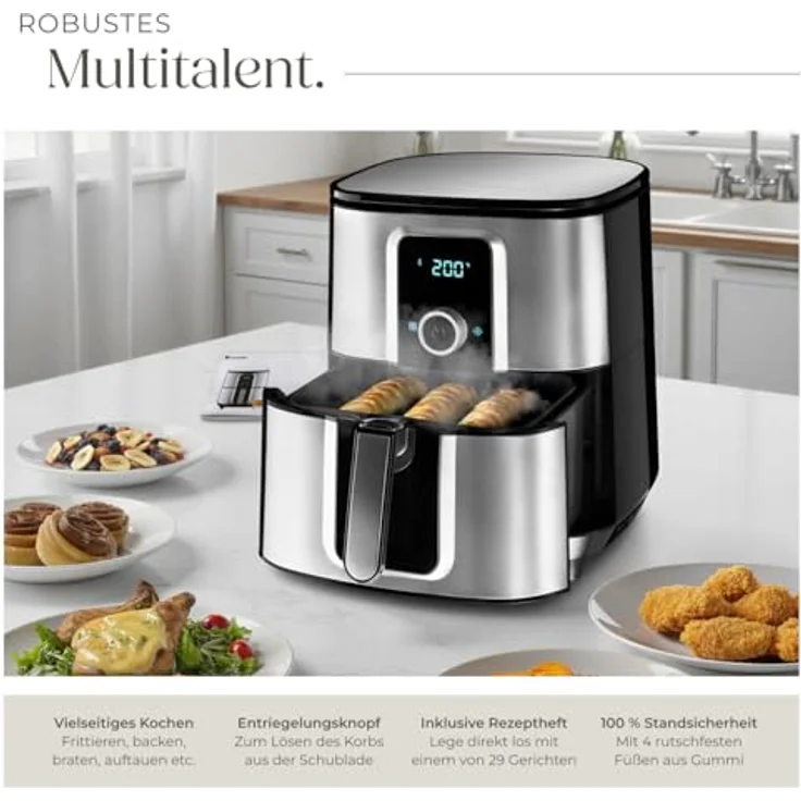 TecTake Ben Heißluftfritteuse, ohne Öl, 1800W, Fassungsvermögen 10,2 l, spülmaschinenfeste Teile, Display, Antihaftbeschichtung, Edelstahl, silber – Bild 5