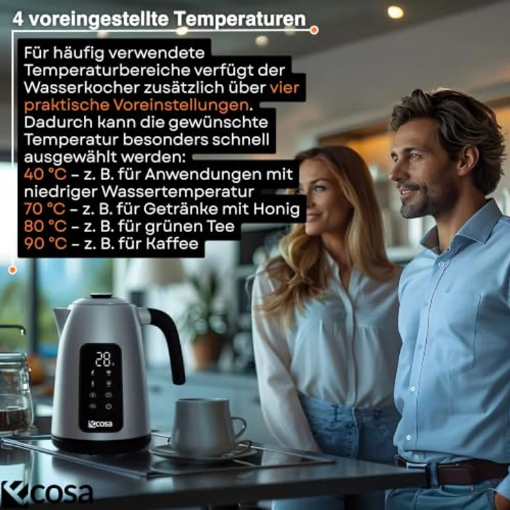 Ecosa Edelstahl Wasserkocher 1,7L mit Touch Display, 2200W, 13 Temperaturstufen 40–100 °C, Warmhaltefunktion und 360° Basis – Bild 4