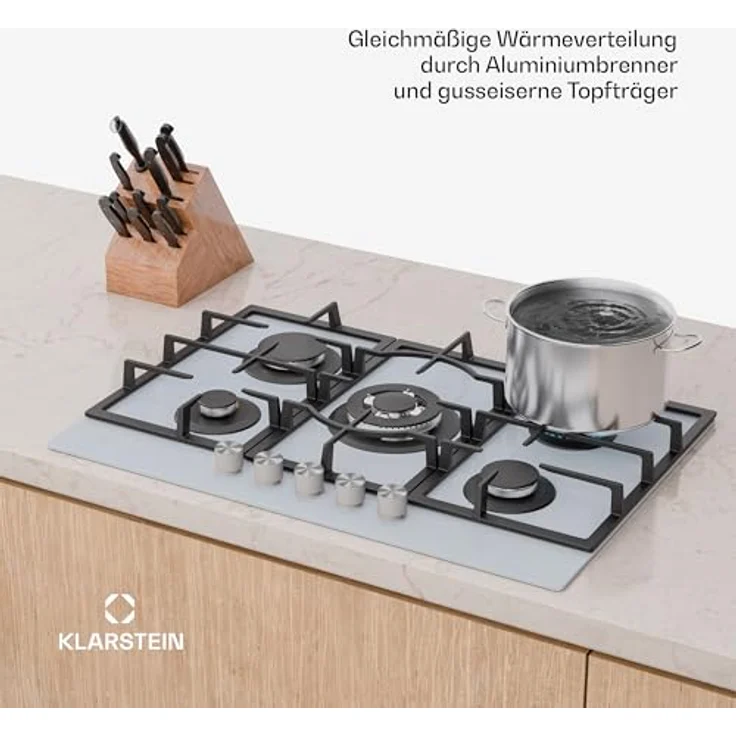 Klarstein Ignito Gaskochfeld, 5-Zonen-Sabaf-Brenner mit Wok-Aufsatz, 3,6 kW–1 kW, gehärtetes Glas, SnapJetIgnition, 75 x 10 x 52 cm – Bild 4
