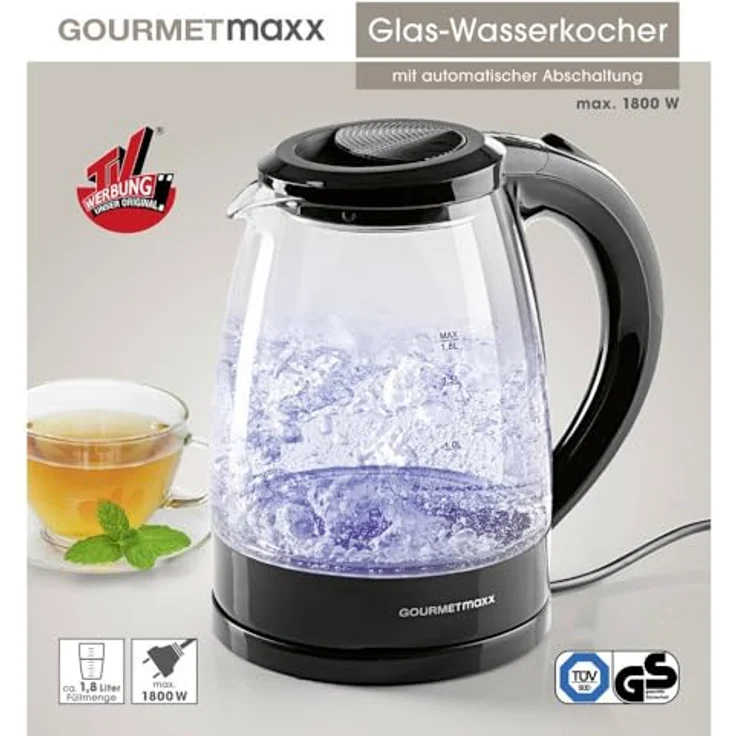 GOURMETmaxx Glas-Wasserkocher 1,8 L, Schwarz, 1800 W, kabellos, mit Blue Vision LED, Kalkfilter, TÜV & GS geprüft, BPA-frei – Bild 4