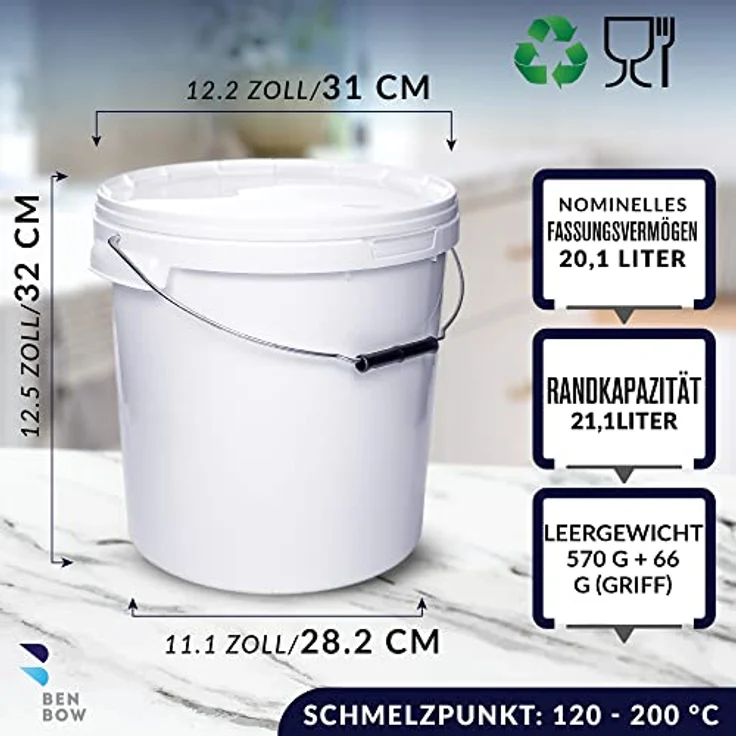 BenBow Eimer mit Deckel 20l weiß 1x 20 Liter - lebensmittelecht, stabil, luftdicht, auslaufsicher - Vorratsbehälter für Aufbewahrung aus Kunststoff, mit Metall-Henkel - leer – Bild 4