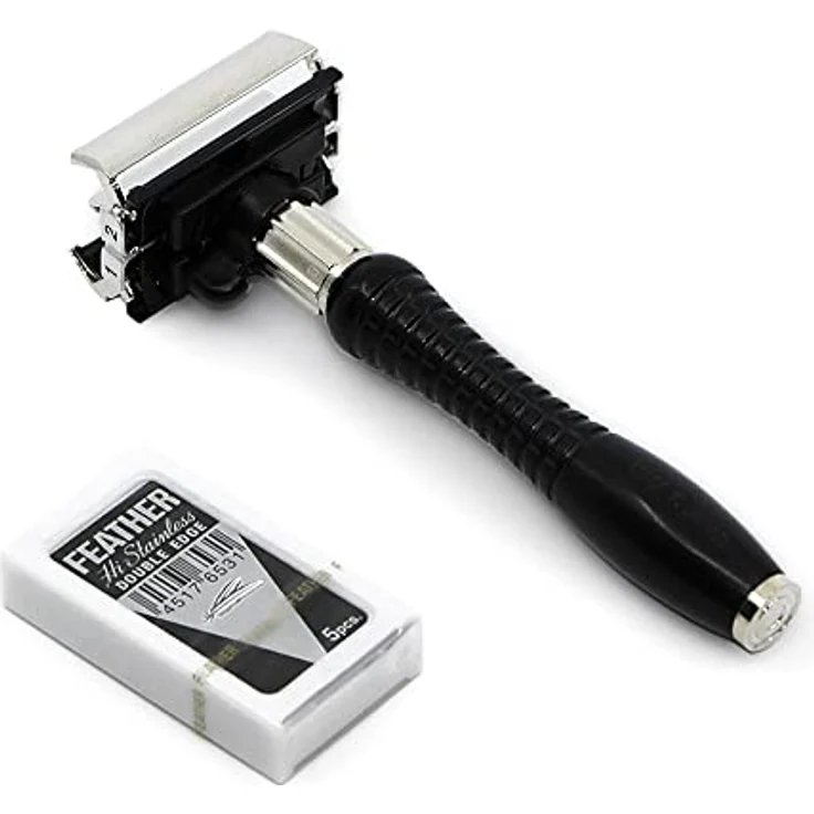 Feather DER-A Adjustable Double Edge Razor, Rasierklinge-Rasierer mit 2 Klingeneinstellungen und butterfly-geöffnetem Kopf, schwarz – Bild 2