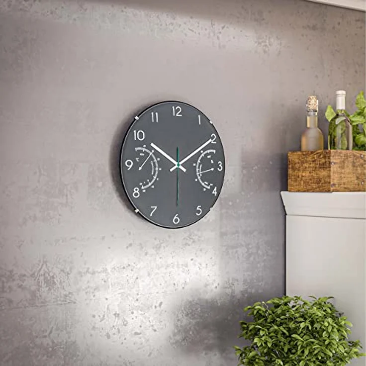 Mebus Quarz-Wanduhr mit Thermometer und Hygrometer, Glas, Grau, 30 cm – Bild 4