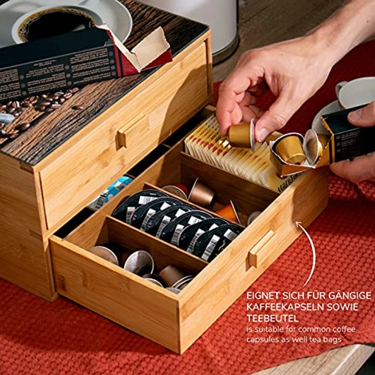 bremermann Kaffeekapsel-Box aus Bambus mit dekorativer Glasplatte, 16 Fächer für Kaffeekapseln und Teebeutel, ca. 30 x 18,5 x 30 cm – Bild 4