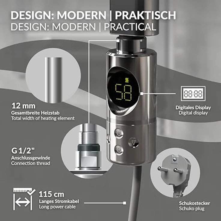 ML-Design Heizstab 900W Chrom, mit Thermostat und LCD-Bildschirm, Timing-Funktion, schnelle Aufheizung – Bild 3