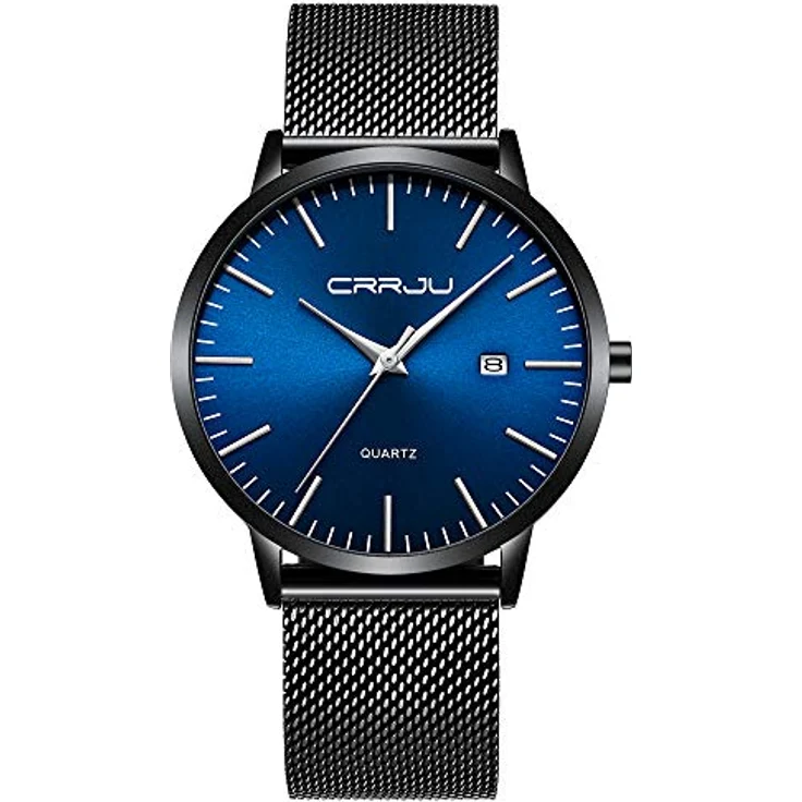 CRRJU Ultra Dünne Herren Uhr, Wasserdichte Armbanduhr mit Schwarz Blauem Zifferblatt und Edelstahlband Mesh, Analog Quarz Business Uhr – Bild 1