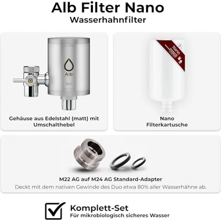 Alb Filter Duo Nano Wasserhahnfilter mit Keimsperre, Edelstahl mattiert, 99,999% Bakterienfiltration – Bild 4