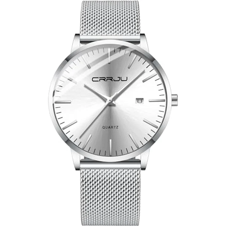 CRRJU Ultra Dünne Herren Uhr, Wasserdicht mit Schwarz Edelstahlarmband Mesh, Analog Quarz, Business Stil, Silber – Bild 1