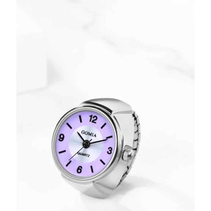JewelryWe Ringuhr Fingeruhr Damen Elastisch - Klassische Analog Quarz Uhr mit lila Zifferblatt und elastischem Legierungsband – Bild 3