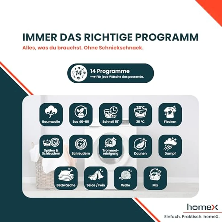 homeX WF610K1A-W Waschmaschine 6 kg, Frontlader, 1.000 U/Min, AquaStop, Inverter Motor, 14 Programme, 39 cm Tiefe, weiß – Bild 7