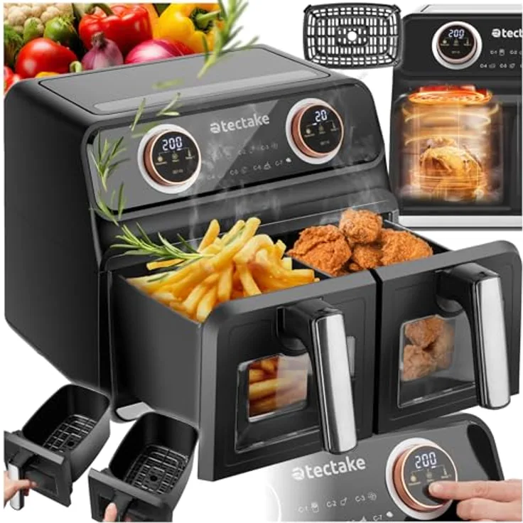 tectake® Heißluftfritteuse 2 Kammern, XXL Doppelkammer Airfryer, Dual Fritteuse mit Heißluft, 8 l Fassungsvolumen, inkl. Zubehör Rezeptheft