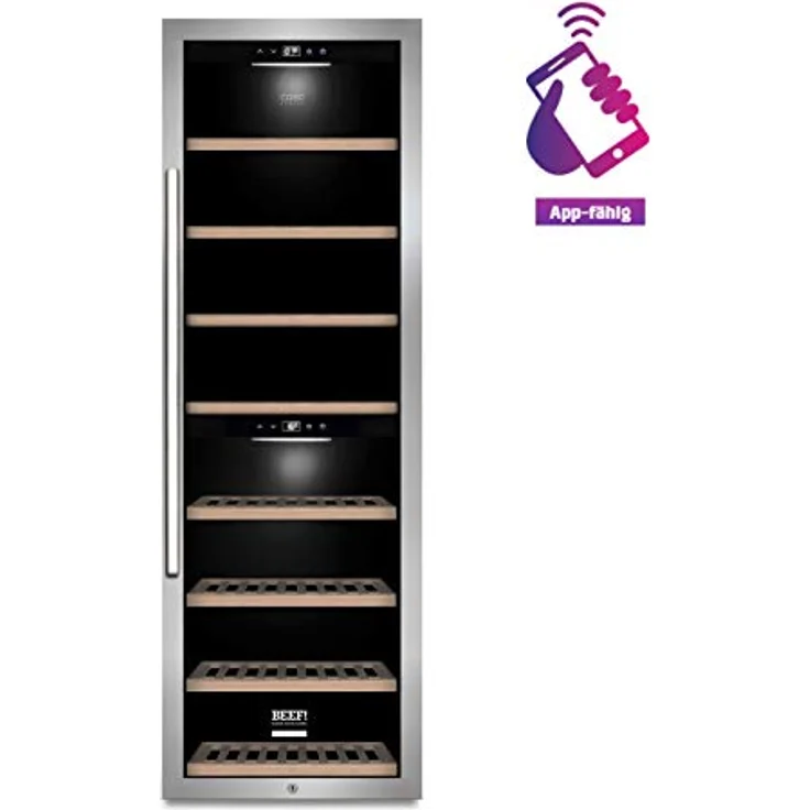 Caso WinePremium 180 Smart, Weinkühlschrank für 180 Flaschen, 2 Zonen für 5-20°C, LED Beleuchtung, mit WLAN und WiFi App, Edelstahl, BEEF!-Edition – Bild 2