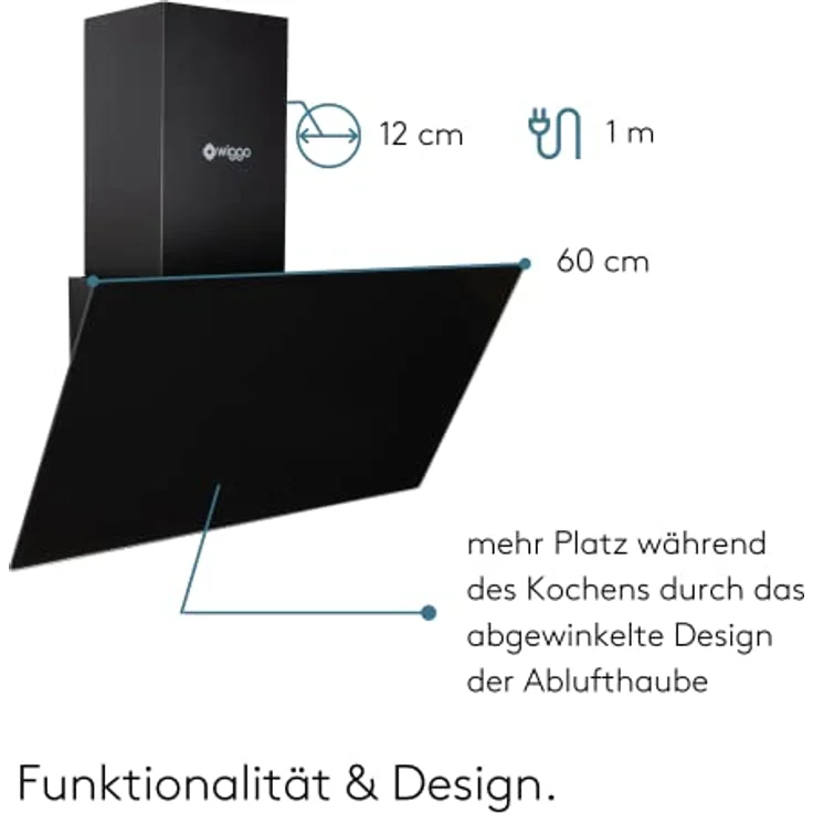Wiggo Dunstabzugshaube 60cm kopffrei I Abluft Umluft Dunstabzug 300m³/h - LED Touch-Display 3 Stufen I Schräghaube inkl. Fettfilter & 2x Kohlefilter I Abzugshaube mit Glasfront schwarz – Bild 5
