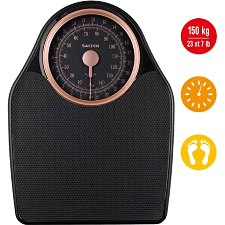 SALTER 145 RGFEU16 mechanische Doktorwaage, Körperwaage bis zu 150 kg, leicht ablesbare Skala mit Drehzeiger, große Trittfläche mit strukturierter Vinyl-Matte, Keine Batterien erforderlich, roségold – Bild 3