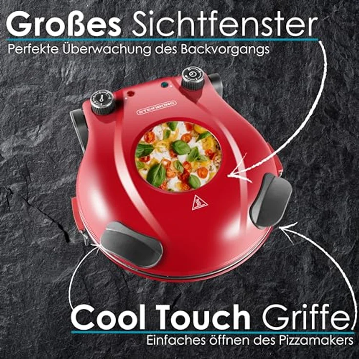Steinborg Pizzaofen elektrisch mit 32 cm Pizzastein | 390°C | Timer | 5 Stufen | 1200 Watt | Pizza Bräter | Pizzaofenherd | rot – Bild 5