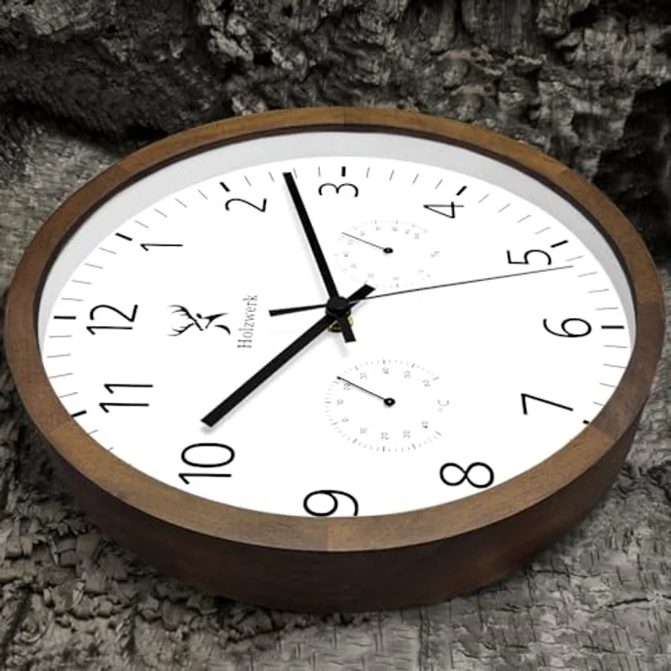 Holzwerk Wanduhr, Rund, 30 cm, Braun/Weiß, mit Thermo-Hygrometer, Quarzwerk, Holz-Optik – Bild 2