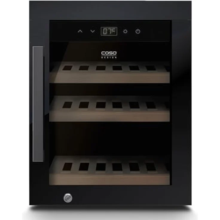 Caso WineExclusive 12, Weinkühlschrank für 12 Flaschen, 1 Zone, 5–20 °C, Kompressor, abschließbar, UV-Glasscheibe, Holzregale, Touch-Bedienung, LED-Innenbeleuchtung, leise – Bild 1