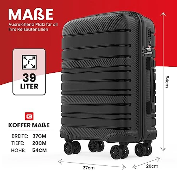 GENTOR Koffer Reisekoffer mit Rollen Carbonoptik Hartschalenkoffer Trolley Handgepäck mit TSA-Schloss Rollkoffer Leicht Travel Klein Handgepäck (Schwarz, M) – Bild 5