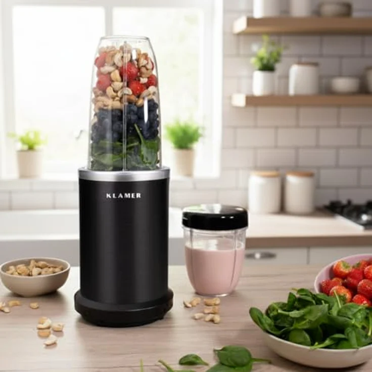 KLAMER Bullet Mixer 1000 Watt, elektrischer Smoothie Maker mit 2 Mixbehältern, Edelstahlklingen und BPA-freiem Zubehör – Bild 2