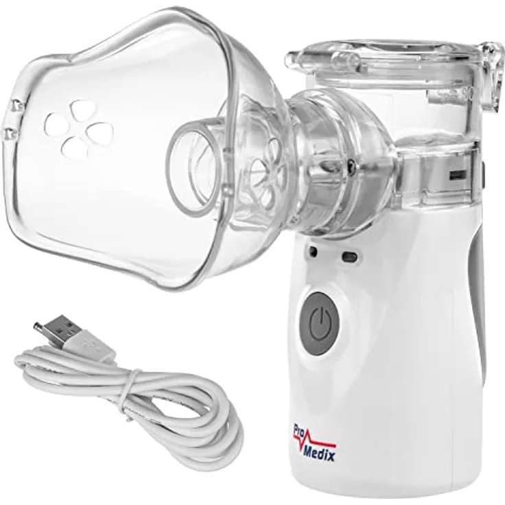 ProMedix PR-835 Tragbarer Inhalationsgerät für Kinder und Erwachsene Geräuscharmer Inhalator Vernebler Zwei Masken Mundstück Vernebler-Set USB/Batteriebetrieb Kompakt