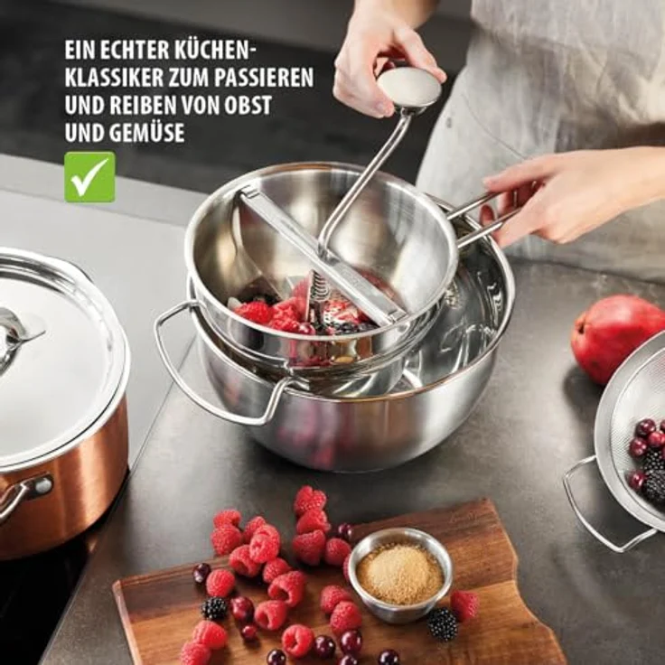 GEFU Passiergerät FLOTTE LOTTE® mit 3 Lochscheiben 1/3/8 mm, Edelstahl, für Gemüse, Früchte, Marmelade & Babynahrung, mit Abstreiffunktion und 2 Litern Volumen – Bild 3