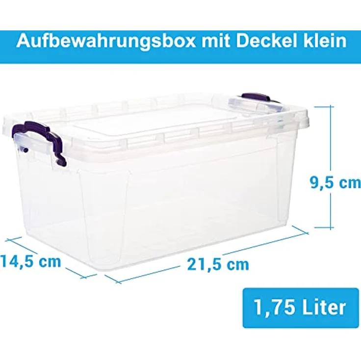 Aufbewahrungsbox mit Deckel Klein, 12 Stück Stapelbar Aufbewahrungsboxen, 1,7 Liter Boxen Aufbewahrung, Plastikbox mit Deckel, Transparent Kisten Aufbewahrung mit Deckel und lila Griffen, Model: Ella – Bild 2