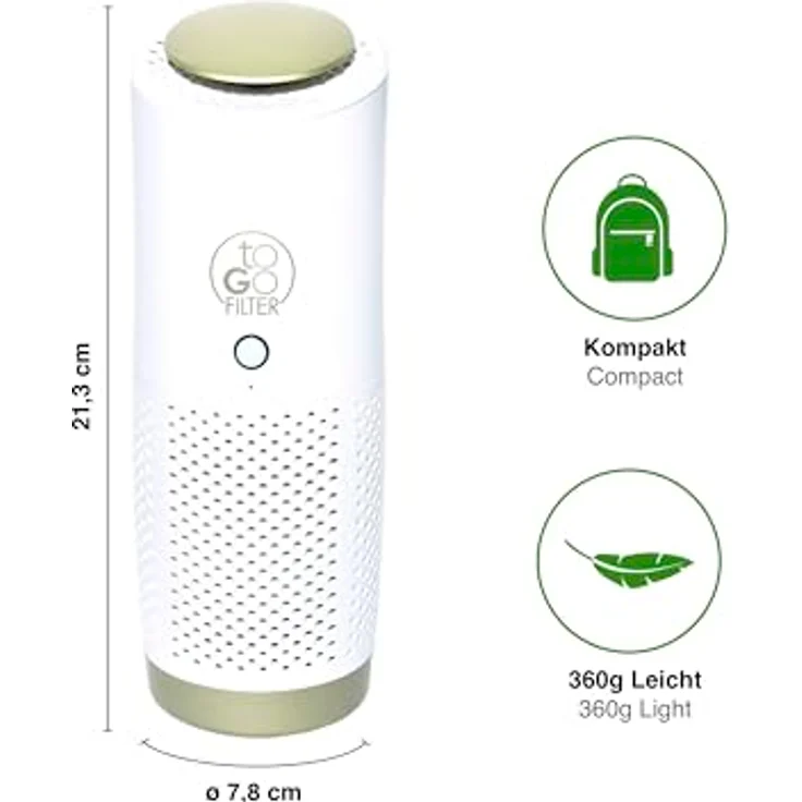 toGo Filter Luftreiniger to-go tragbar mit Akku Batterie, Mini Luftreiniger klein für Tische Räume Autos, Raumgröße: unbegrenzt, HEPA 13 für Allergiker Pollen Staub Asthmatiker Raucher (Weiß) – Bild 4