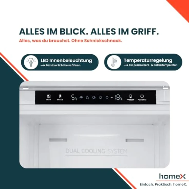 homeX CFBN2531E Einbaukühlschrank mit Gefrierfach, No Frost, 178 cm hoch, 253 l, 37 dB, weiße Front – Bild 8