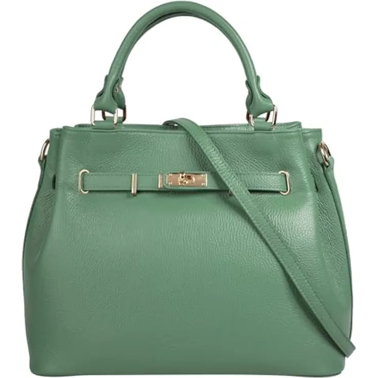 Samantha Look Handtasche aus 100% Rindleder, grün mit Reißverschluss- und Smartphonefach, Made in Italy
