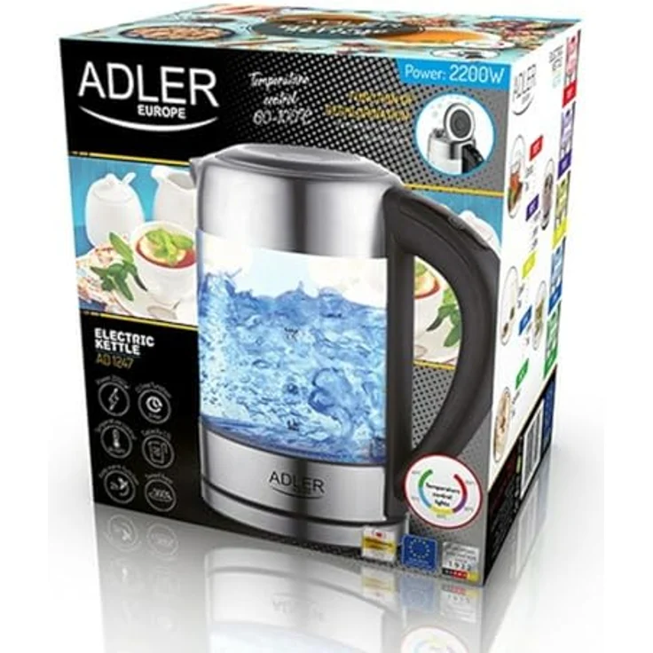 ADLER AD 1247 Wasserkocher aus Edelstahl und Glas, 1,7L, 2200 W, digitaler Glaswasserkocher mit Temperaturwahl 60-100C°, LED Beleuchtung mit Farbwechsel, Kalkfilter – Bild 3