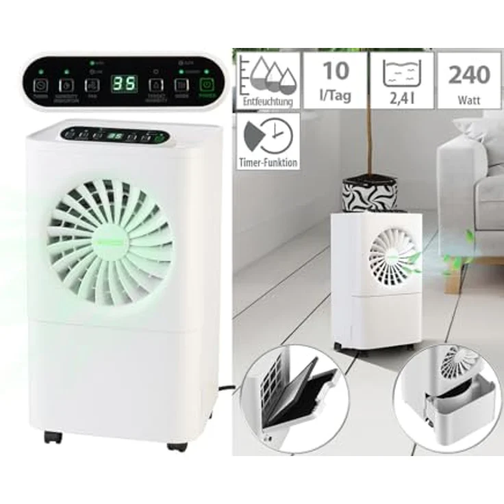 Sichler Haushaltsgeräte Digitaler 2in1-Luftentfeuchter & -reiniger, 10 Liter/Tag, für Räume bis 25 m², mit Timer und LCD-Display, mobil mit 4 Rollen – Bild 4