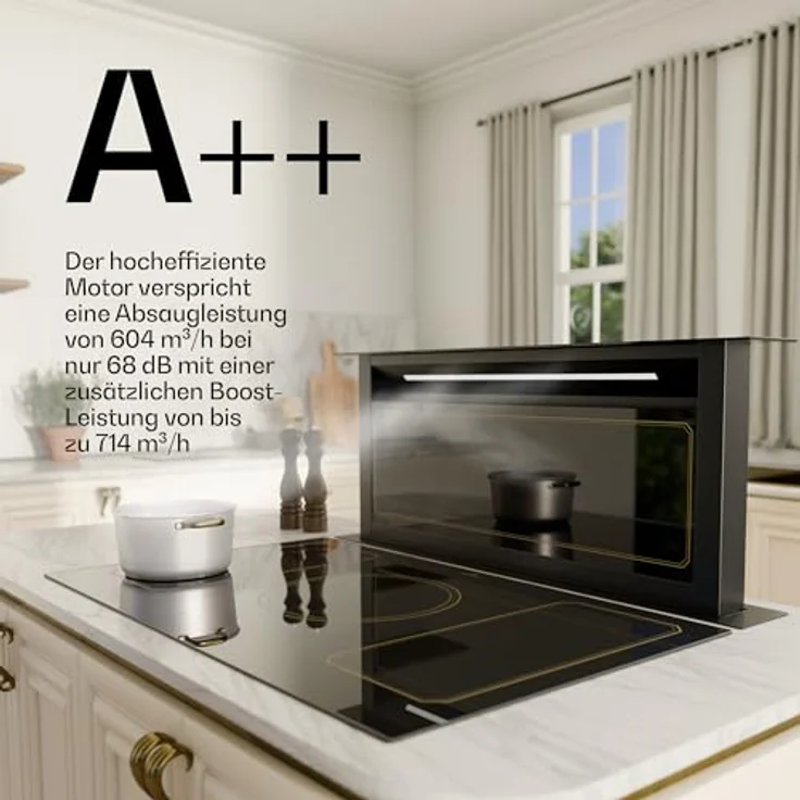 Klarstein Victoria Downdraft Dunstabzugshaube, A++ Energieeffizienz, 714 m³/h Luftdurchsatz, flüsterleise 52 dB, Touchscreen-Steuerung, spülmaschinengeeignete Filter, LED-Beleuchtung, Schwarz – Bild 4