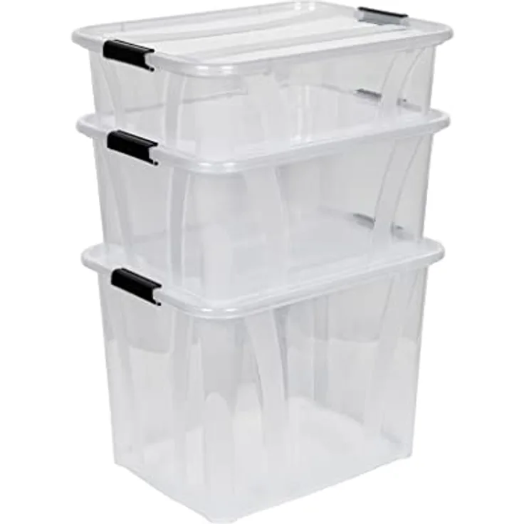 Kreher 3 Stück Aufbewahrungsbox Master mit Deckel aus transparentem Kunststoff. Nutzvolumen 21, 32 und 55 Liter. Stapelbar und nestbar. Einsehbar mit Deckel.