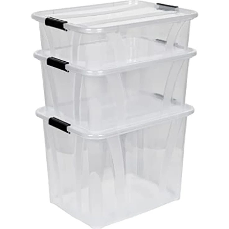 Kreher 3 Stück Aufbewahrungsbox Master mit Deckel aus transparentem Kunststoff. Nutzvolumen 21, 32 und 55 Liter. Stapelbar und nestbar. Einsehbar mit Deckel. – Bild 1
