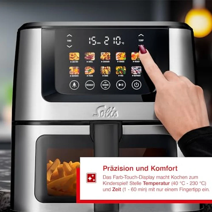 Solis Air Fry and Dry XL (Typ 8200), Heißluftfritteuse mit 7,5 Litern, 10 Automatikprogrammen und schwarzem Griff – Bild 4