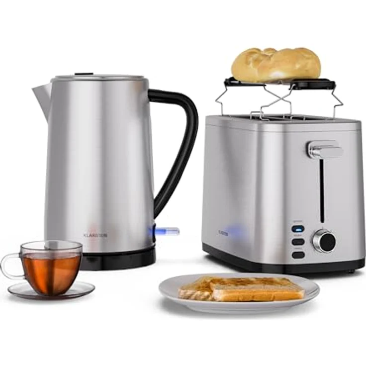 Klarstein Verosteel Toaster Wasserkocher Set, Edelstahl, 2-Scheiben Toaster mit 7 Bräunungsstufen & Brötchenaufsatz, 1,7L Wasserkocher mit Kalkfilter – Bild 1