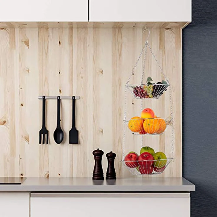 Relaxdays Hängekorb 3 Etagen, hängende Obstkörbe, 3er Etagere für die Decke, Obst, platzsparend in Küche, Stahl, silber, 73 x 28 x 28 cm – Bild 2