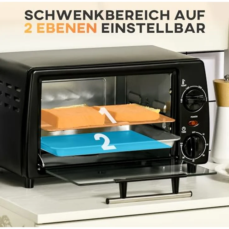 HOMCOM Mini Backofen 10 Liter 750W Kleiner Elektrobackofen mit Temperatur bis zu 230 ℃ Timer 60 Minuten Backblech und Rost 36,5x26x22 cm Schwarz – Bild 4