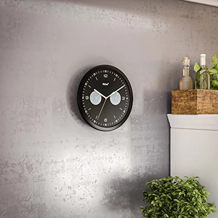 Mebus Funk-Wanduhr mit Thermometer und Hygrometer/Kunststoff/Rund/Modell: 52825 / Farbe: Schwarz, 26 cm – Bild 4