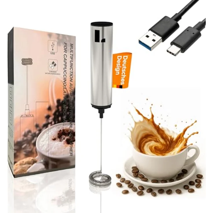 LUNARIA Elektrischer Milchaufschäumer Stab, kabellos mit Akku & USB, Edelstahlspirale für perfekte Milchaufschäumung in Silber – Bild 3