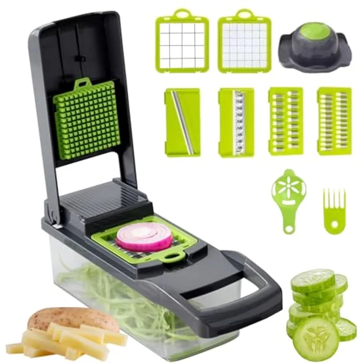 Luazvilkpsar 14 in 1 Gemüseschneider Mandoline, Multifunktionaler Küchenschneider mit 6 Edelstahlklingen, Julienne- und Würfelfunktion, BPA-frei, inklusive Behälter und Zubehör – Bild 1