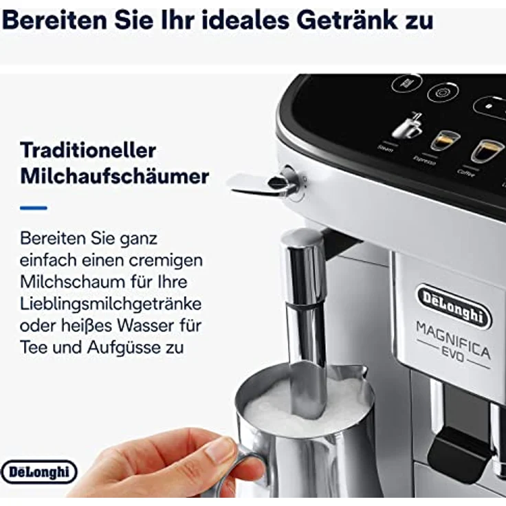 De'Longhi Magnifica Evo ECAM 292.33.SB Kaffeevollautomat mit Milchaufschäumdüse,5 Direktwahltasten für Espresso, Kaffee und Kaffeespezialitäten,intuitives Bedienfeld, 2-Tassen-Funktion, Silber/Schwarz – Bild 4