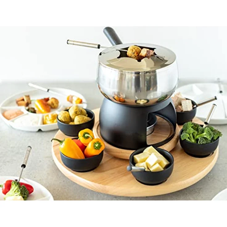 Mäser 931229 Fondue-Set 23-teilig, Edelstahl Fonduetopf inklusive Spritzschutz, Rechaud, Drehkarussell aus Holz, Fonduegabeln, Schälchen, Grau-Schwarz – Bild 2