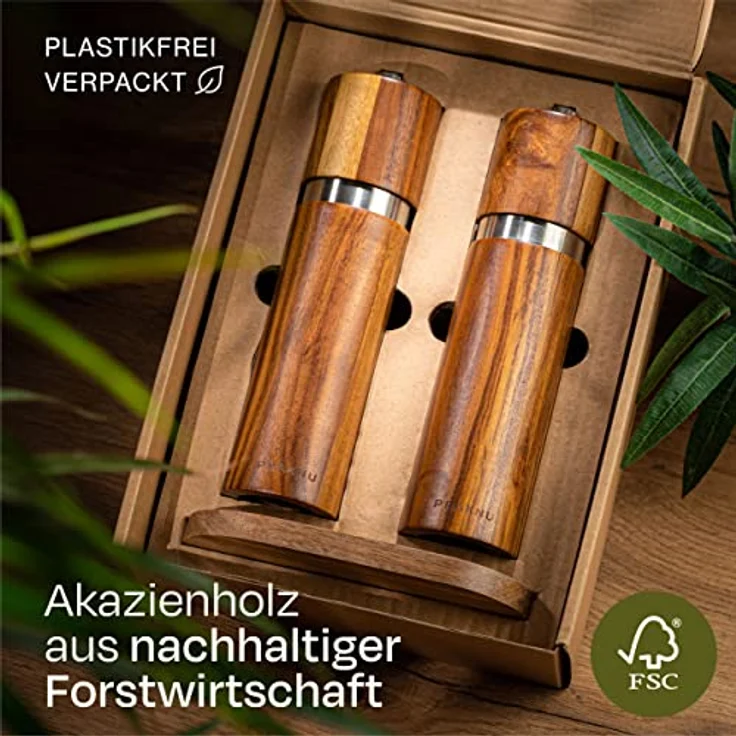 Salz und Pfeffermühle aus Akazienholz mit Untersetzer - Nachhaltiges FSC® Holz - Langlebiges Keramikmahlwerk - Plastikfrei – Bild 5